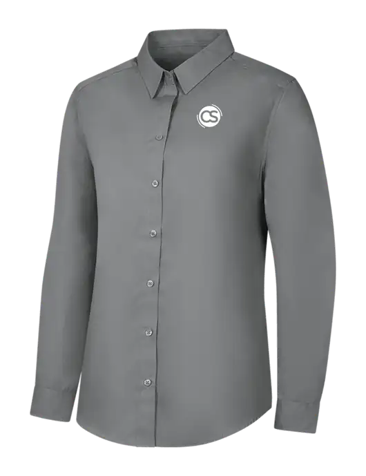 Womens Medium Grey Long Sleeve Carefree Poplin Shirt w/CS Logo
