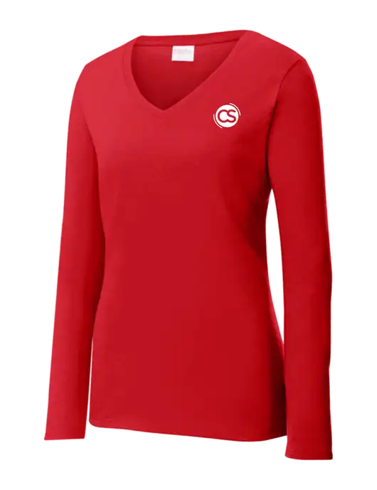 Womens  V-Neck Ring Spun Bright Red 4.5 oz Long Sleeve T-Shirt w/CS Logo