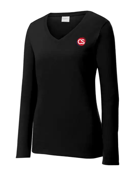 Womens V-Neck Ring Spun Jet Black 4.5 oz Long Sleeve T-Shirt w/CS Logo