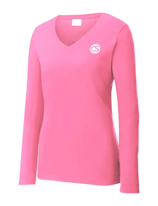 Womens  V-Neck Ring Spun Pink 4.5 oz Long Sleeve T-Shirt w/CS Logo