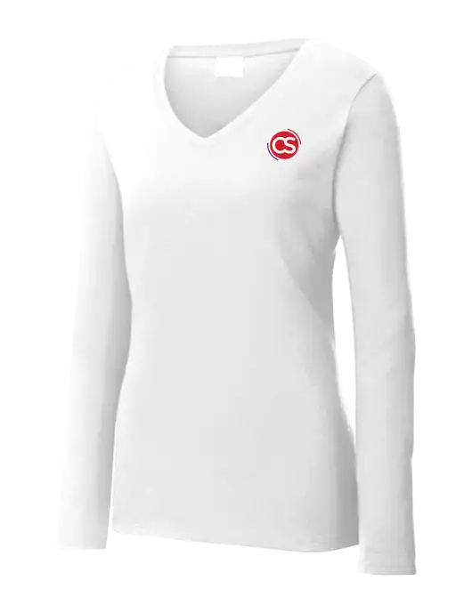 Womens  V-Neck Ring Spun White 4.5 oz Long Sleeve T-Shirt w/CS Logo
