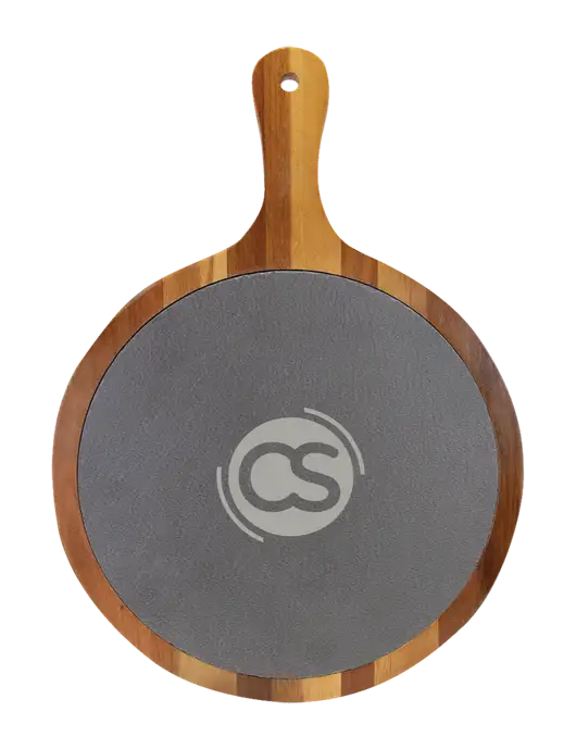 Acacia Wood & Slate Round Cutting Board & Handle 10.5 x 14.5 w/CS Logo