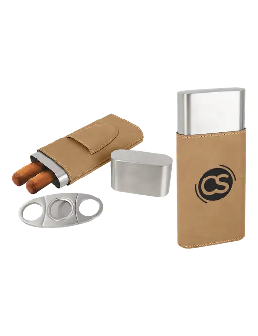 Tan Leatherette Cigar Case with Cutter w/CS Logo